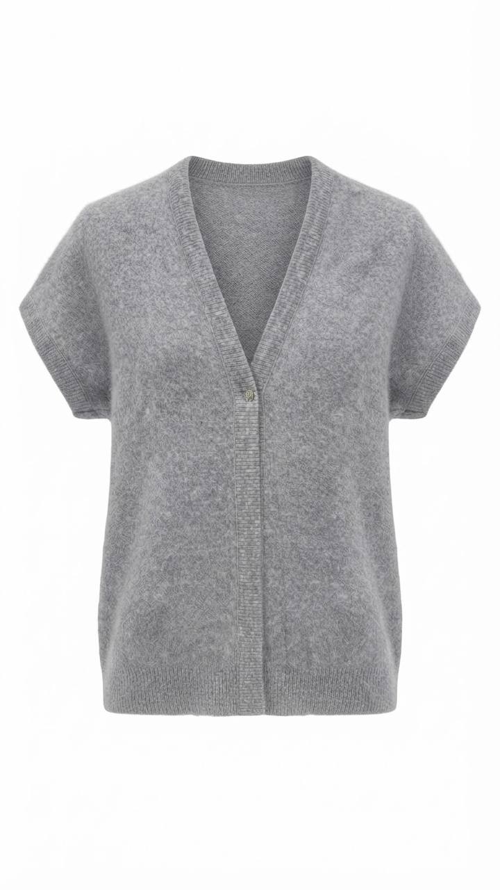 Eleganter Damen-Kurzarmcardigan in Silbergrau meliert – Soft-Strick