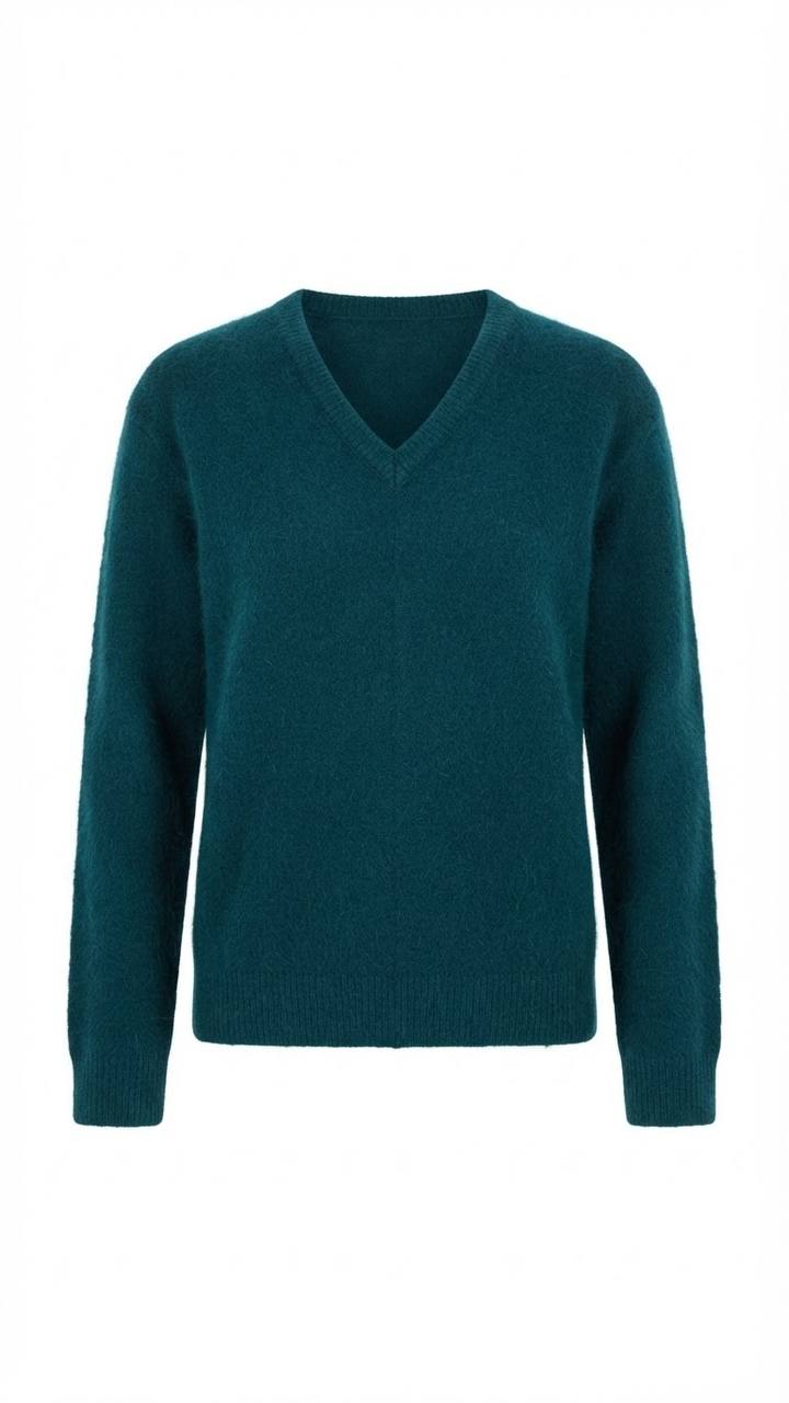 Klassischer Damen-Pullover in Petrol mit V-Ausschnitt & Ziernaht vorne